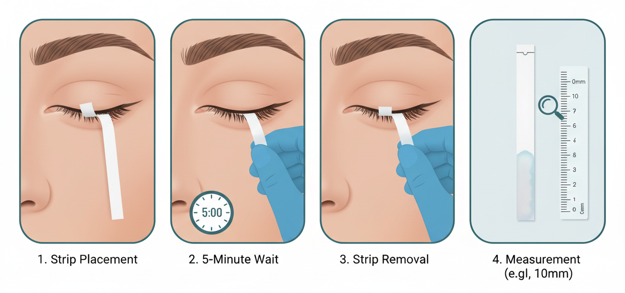 a row of 4 image where: A thin paper strip is gently placed at the lower eyelid of each eye.

Your eyes remain gently closed or blink normally for 5 minutes.

The strips are then removed and the moistened length is measured in millimetres.

Results help determine whether your tear production is normal, reduced, or severely low.